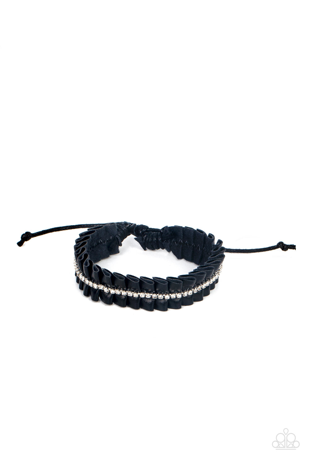 Pretty, Pretty PLEATS - Black Leather Pleated Ribbon & White Rhinestone Urban Bracelet