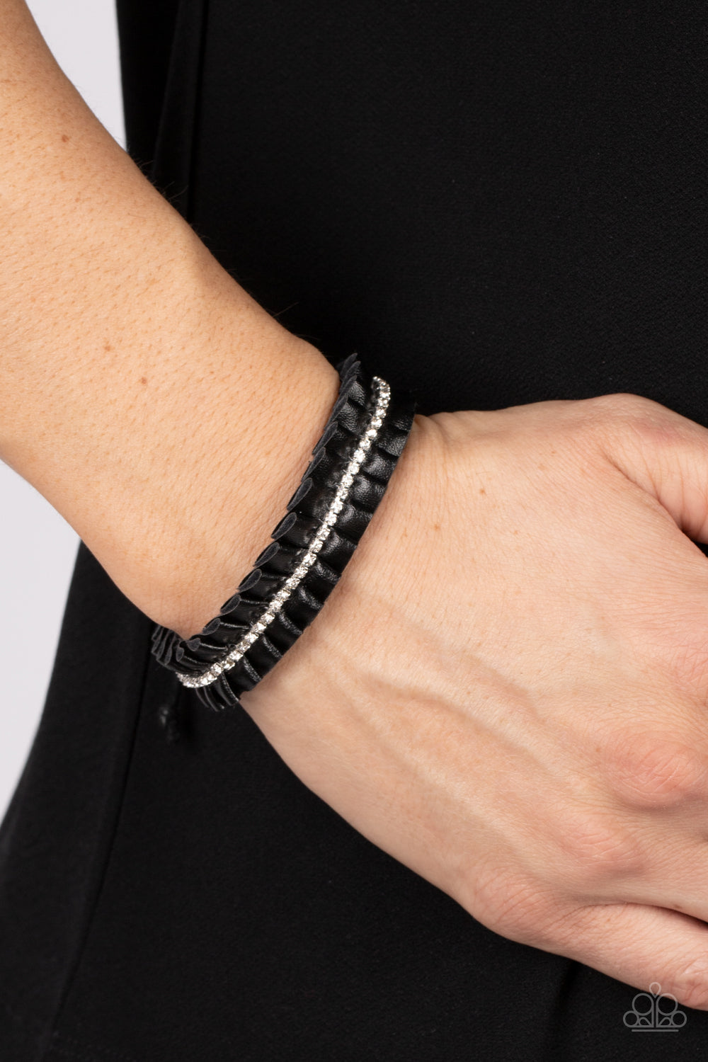 Pretty, Pretty PLEATS - Black Leather Pleated Ribbon & White Rhinestone Urban Bracelet