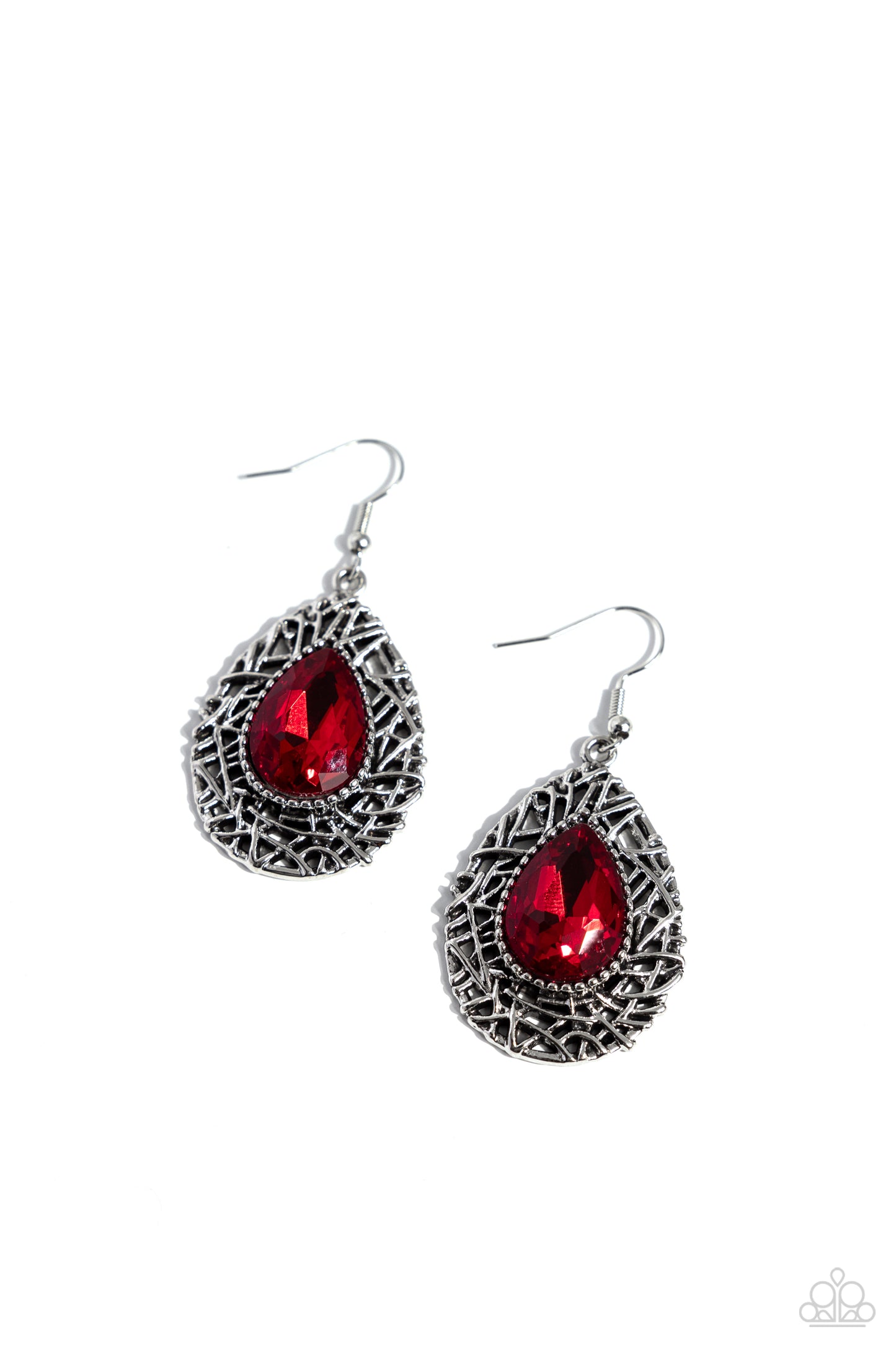 Nest Nouveau - Red Oversized Teardrop Gem/Twig-Like Bars Frame Paparazzi Earrings