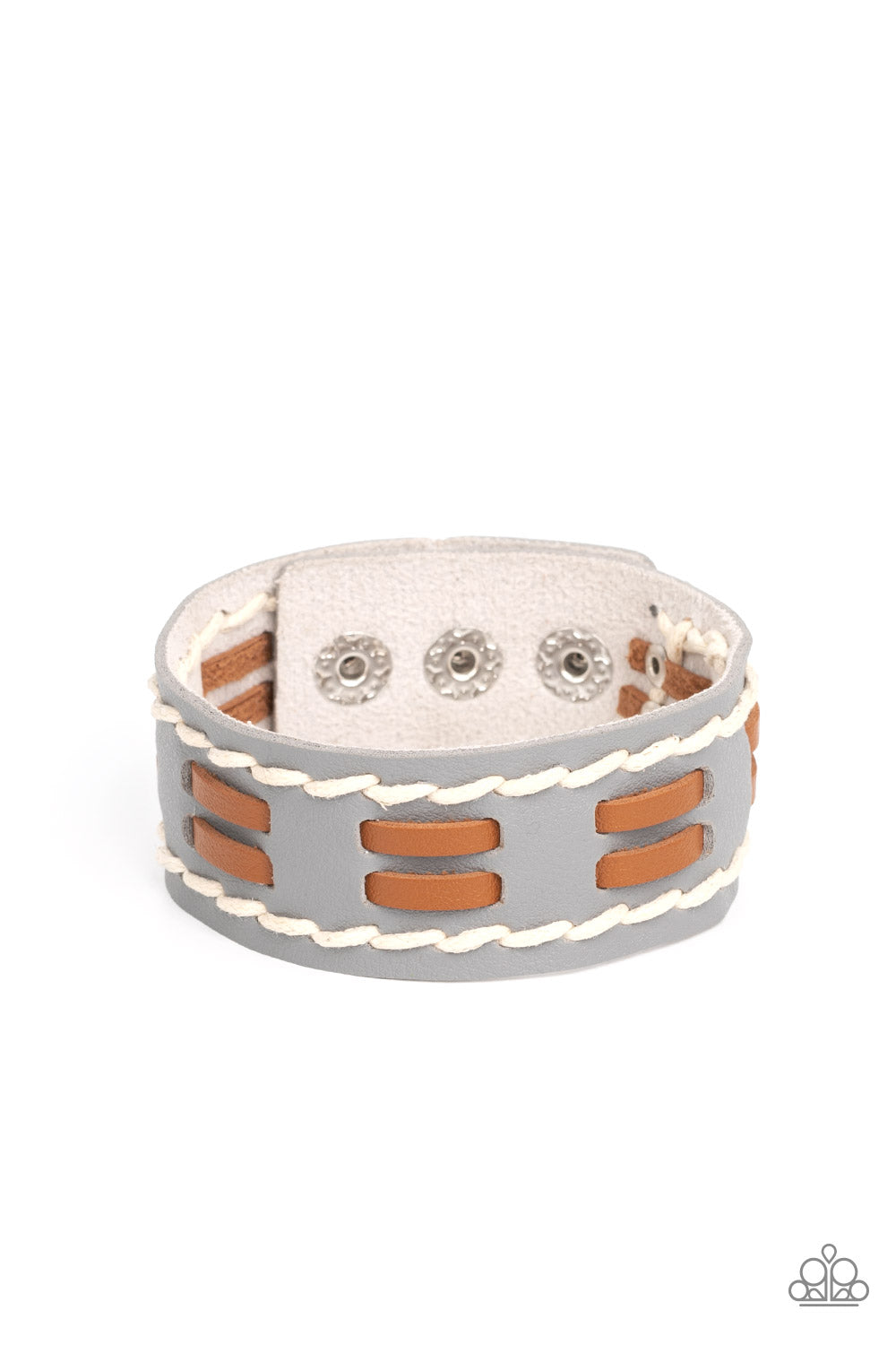In the FRONTIER Running - Silver/Gray Leather & Brown Leather Laces Paparazzi Snap Bracelet
