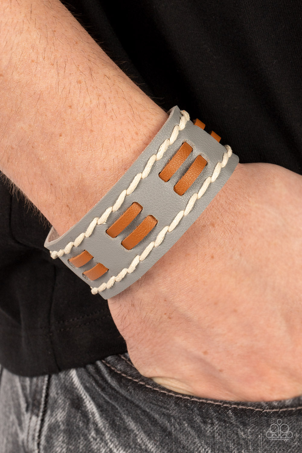 In the FRONTIER Running - Silver/Gray Leather & Brown Leather Laces Paparazzi Snap Bracelet
