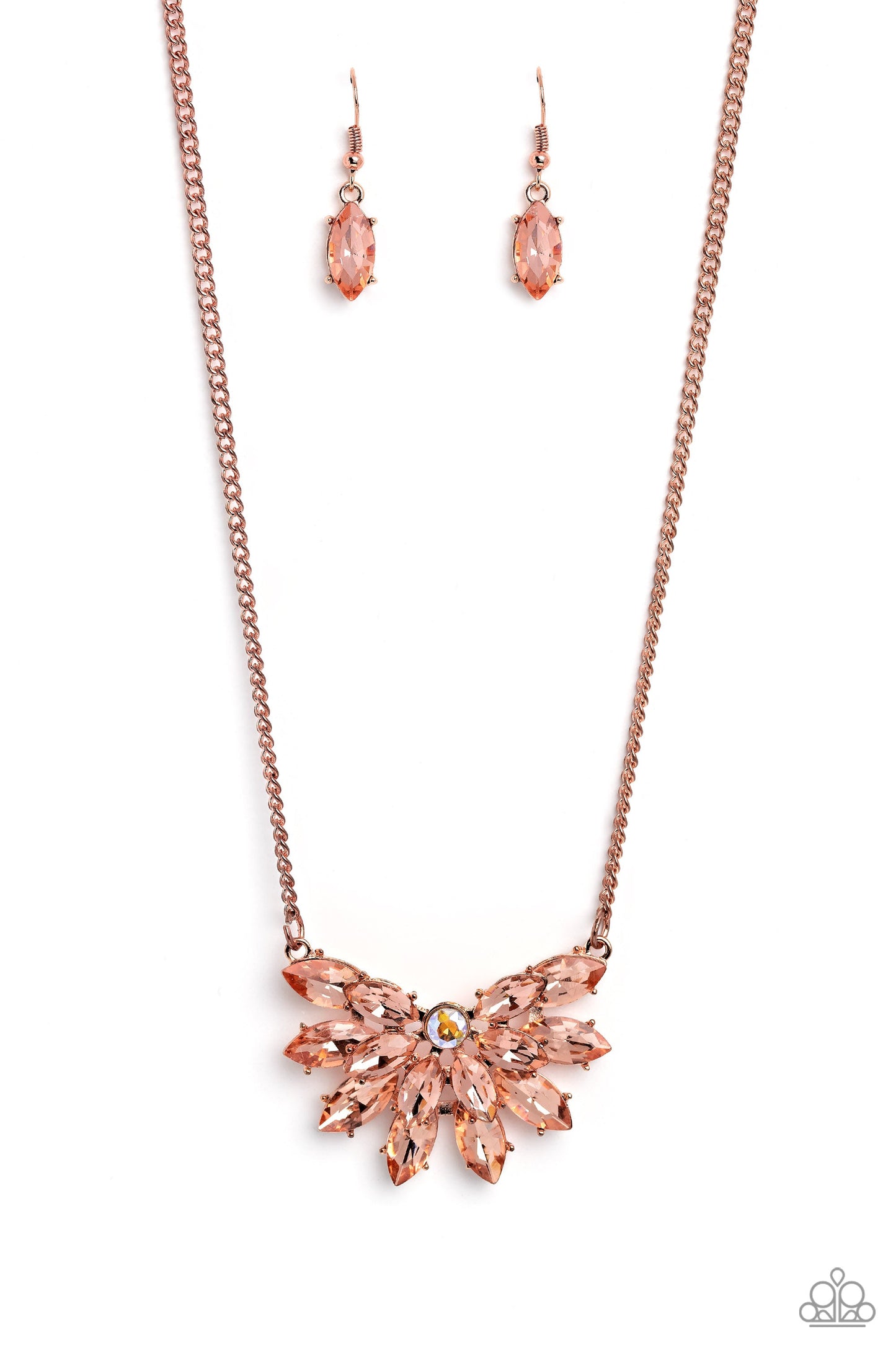 Frosted Florescence - Copper Marquise-Cut Rhinestones/Iridescent Rhinestone Pendant Paparazzi Necklace & matching earrings