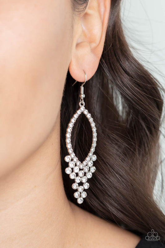 GLOWING off the Deep End - White Rhinestone Cluster & White Rhinestone Oval Paparazzi Earrings