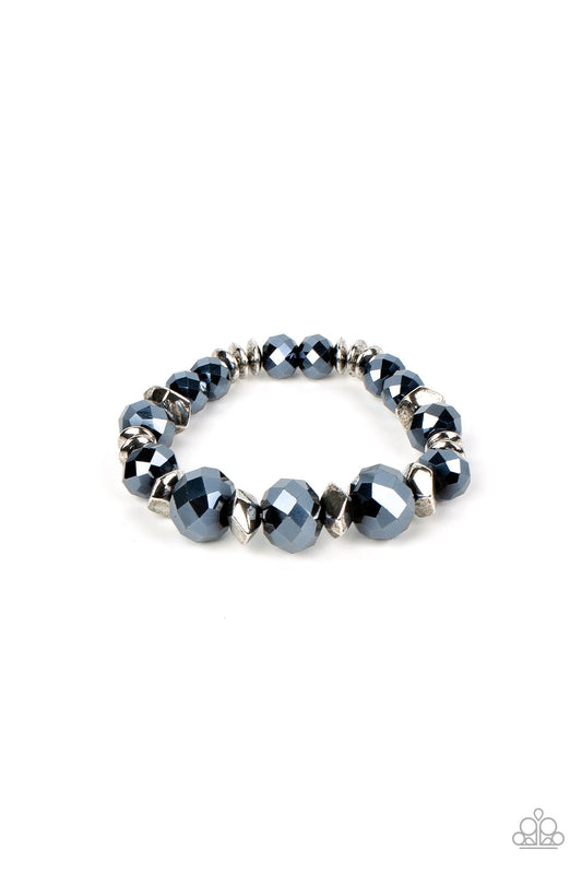 Astral Auras - Blue Crystal-Like Gems, Silver Discs, & Faceted Silver Accent Paparazzi Stretch Bracelet