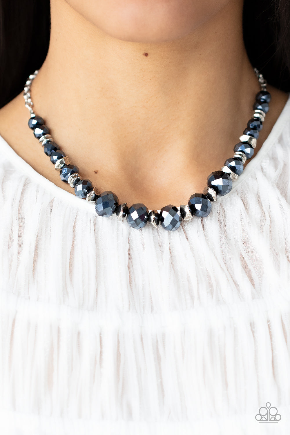 Cosmic Cadence - Blue Crystal-Like Gems/Silver Discs/Faceted Silver Accent Paparazzi Necklace & matching earrings