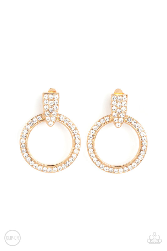 Sparkle at Your Service - Gold Loop Encrusted in White Rhinestones Paparazzi CLIP-ON Earrings