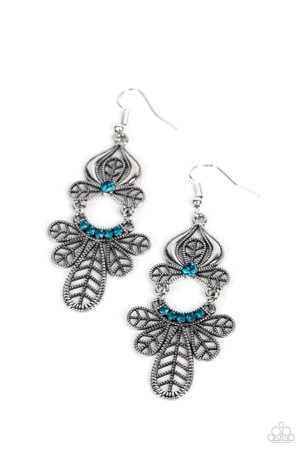 Galapagos Gala - Blue Rhinestones & Leafy Frame Paparazzi Earrings