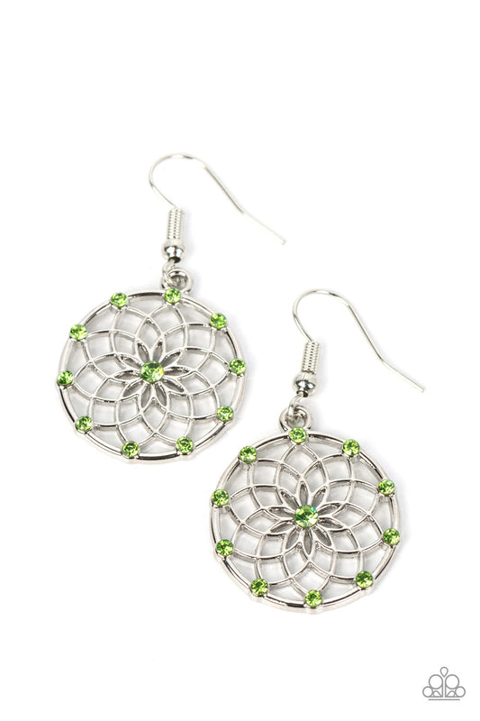 Springtime Salutations - Green Dainty Rhinestones & Mandala-Like Blossom Paparazzi Earrings