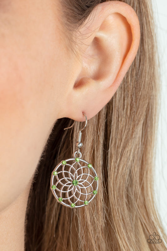 Springtime Salutations - Green Dainty Rhinestones & Mandala-Like Blossom Paparazzi Earrings