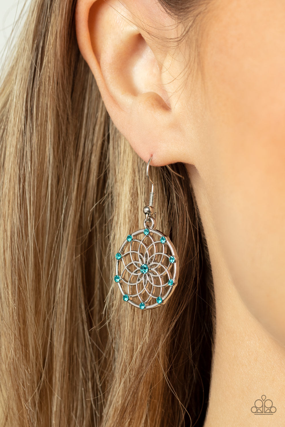 Springtime Salutations - Blue Dainty Rhinestones & Mandala-Like Blossom Paparazzi Earrings