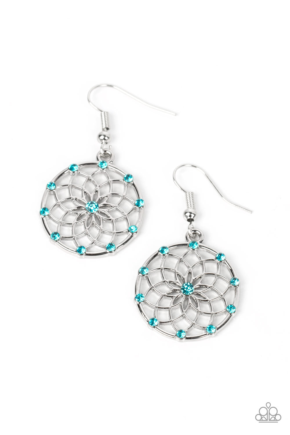 Springtime Salutations - Blue Dainty Rhinestones & Mandala-Like Blossom Paparazzi Earrings