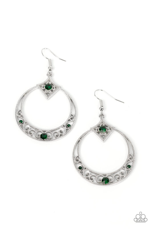 Royal Resort - Green Rhinestones & Studded Silver Filigree Paparazzi Earrings