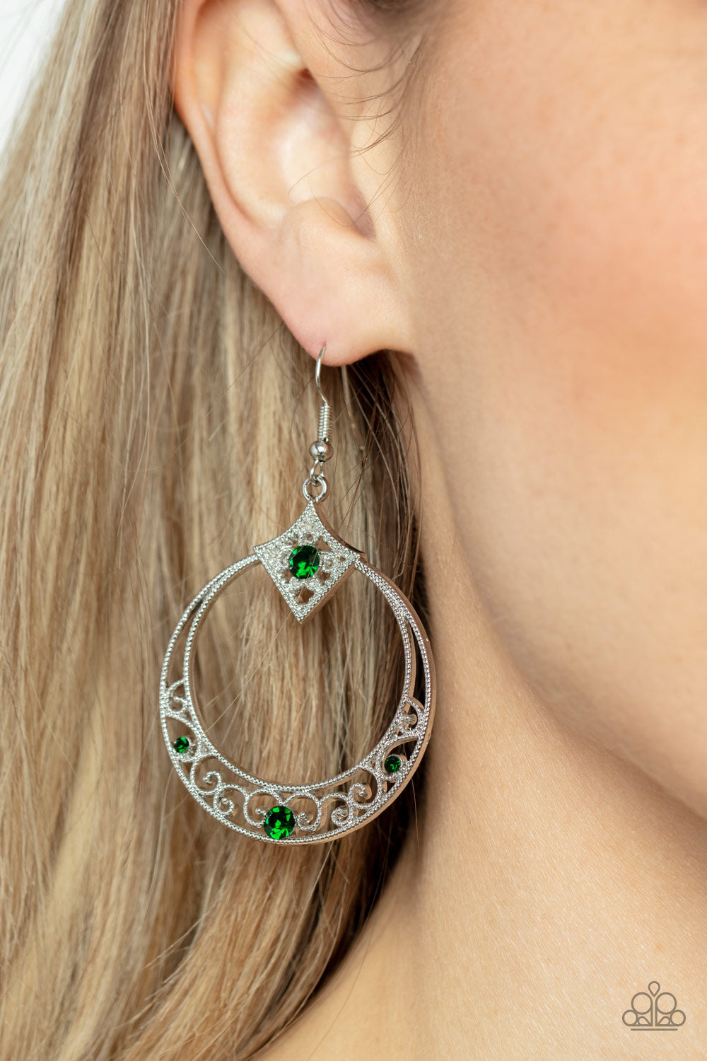 Royal Resort - Green Rhinestones & Studded Silver Filigree Paparazzi Earrings