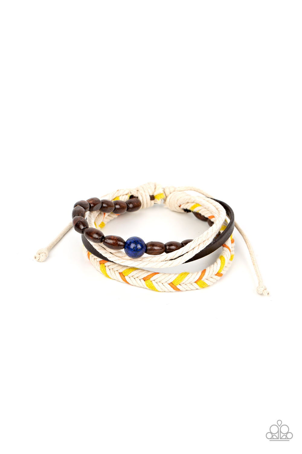 Hipster Hideaway - Blue Glassy Centerpiece, Wooden Beads, Leather & Braided Cord Paparazzi Urban Bracelet