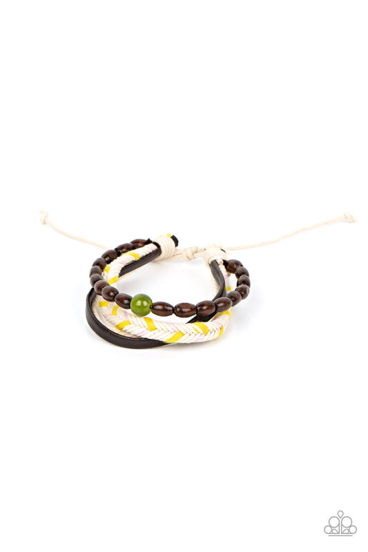 Hipster Hideaway - Green Centerpiece, Wooden Beads, Leather Cords, Braided Cord Urban Paparazzi Bracelet