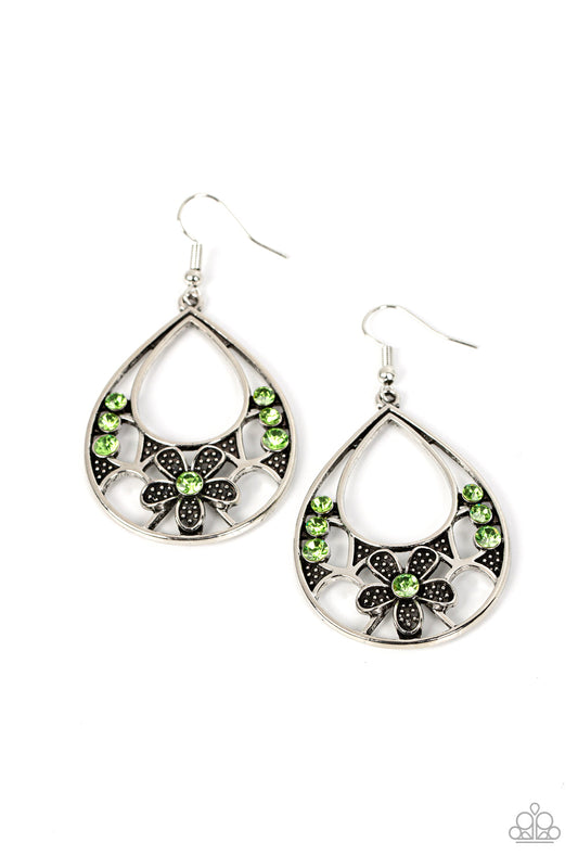 Meadow Marvel - Green Rhinestone & Silver Flower Paparazzi Earrings