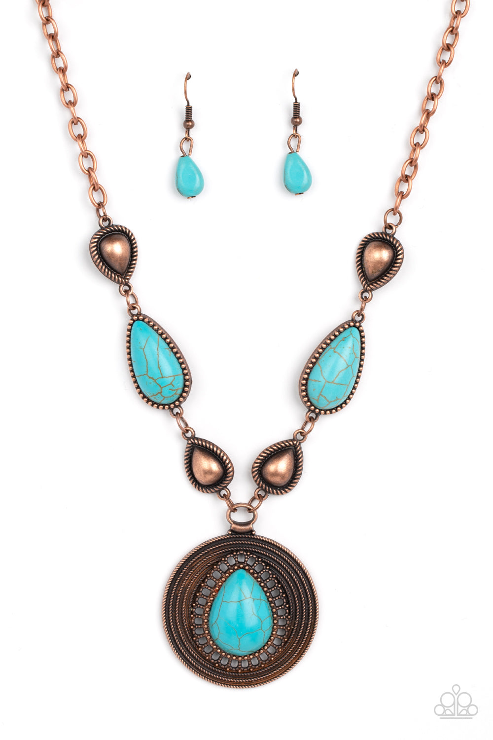 Saguaro Soul Trek - Copper Teardrops, Copper Accents, & Oversized Turquoise Teardrop Paparazzi Necklace & matching earrings