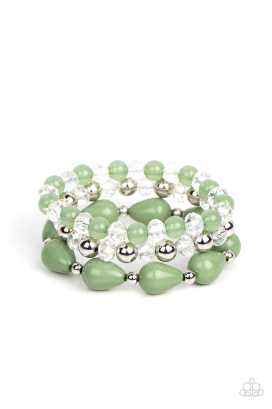 Beachside Brunch - Green, Crystal-Like, Opaque, Silver, Basil Teardrop Beaded Paparazzi Set of 3 Stretch Bracelets