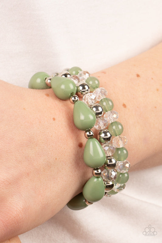 Beachside Brunch - Green, Crystal-Like, Opaque, Silver, Basil Teardrop Beaded Paparazzi Set of 3 Stretch Bracelets