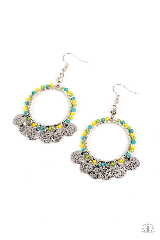Bohemian Beach Blast - Green, Blue, & Yellow Seed Bead Paparazzi Earrings