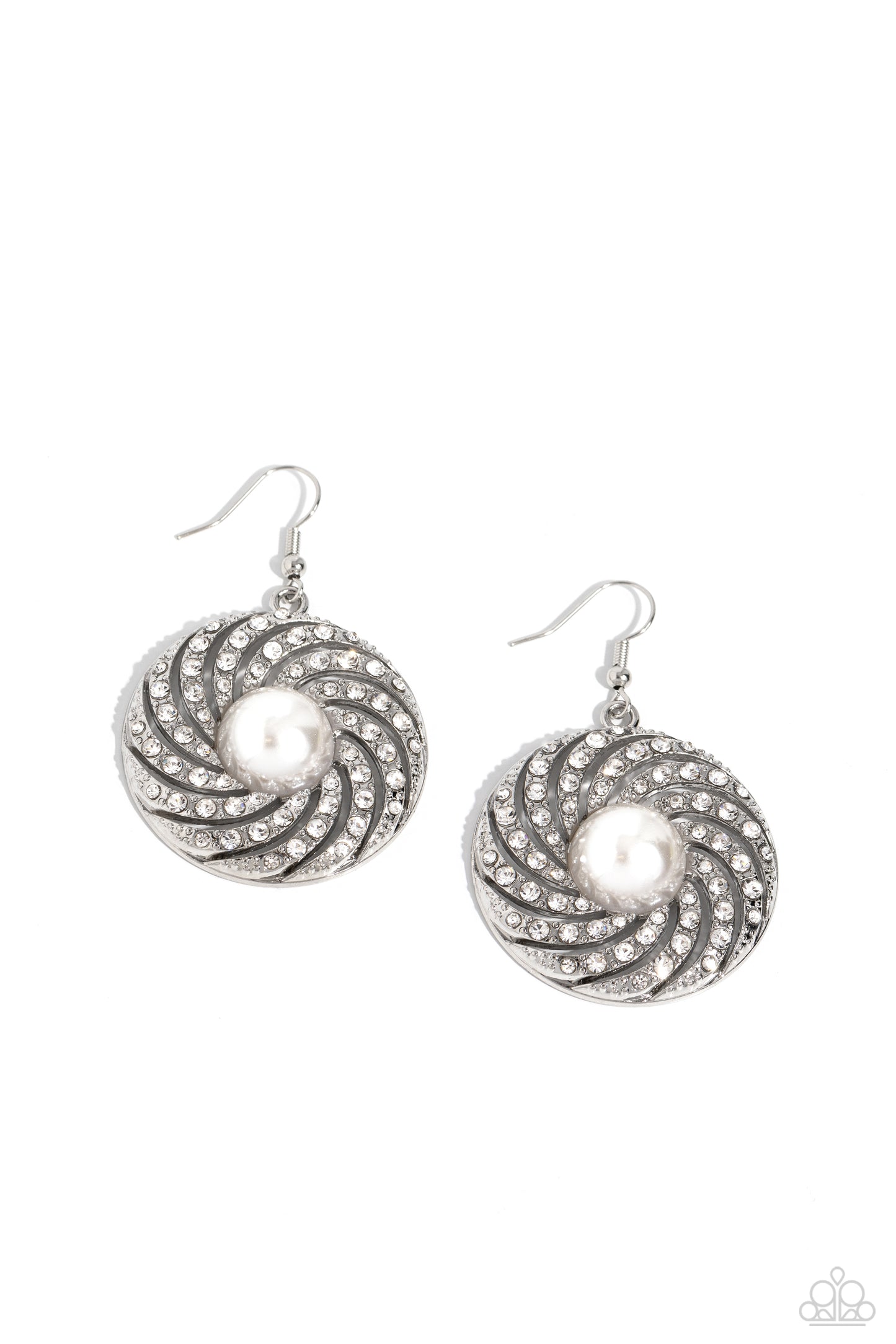Vintage Vortex - White Rhinestone Ribbons/Oversized Pearl Paparazzi Earrings