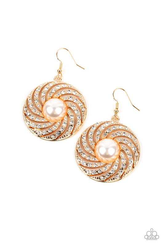 Vintage Vortex - Gold/White Rhinestone Swirl & White Pearl Center Paparazzi Earrings