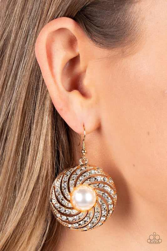 Vintage Vortex - Gold/White Rhinestone Swirl & White Pearl Center Paparazzi Earrings