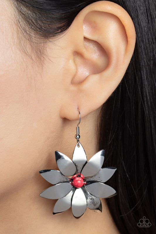 Pinwheel Prairies - Red Stone Bead & Silver Petal Paparazzi Flower Earrings