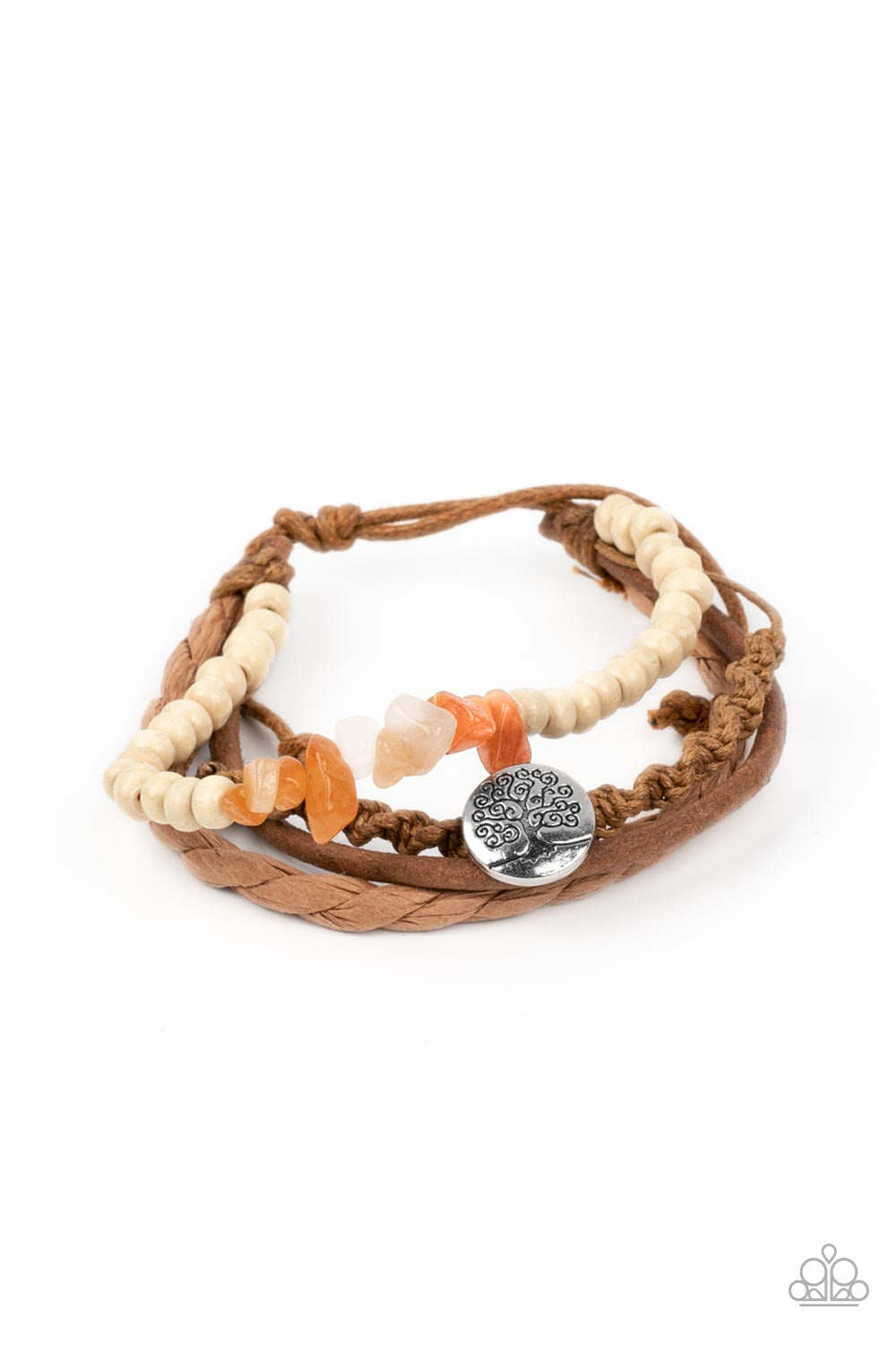 Treetop Trail Guide - Orange Quartz Stones, Tree Stamped Pendant, Brown Suede, & Braided Cording Paparazzi Urban Bracelet