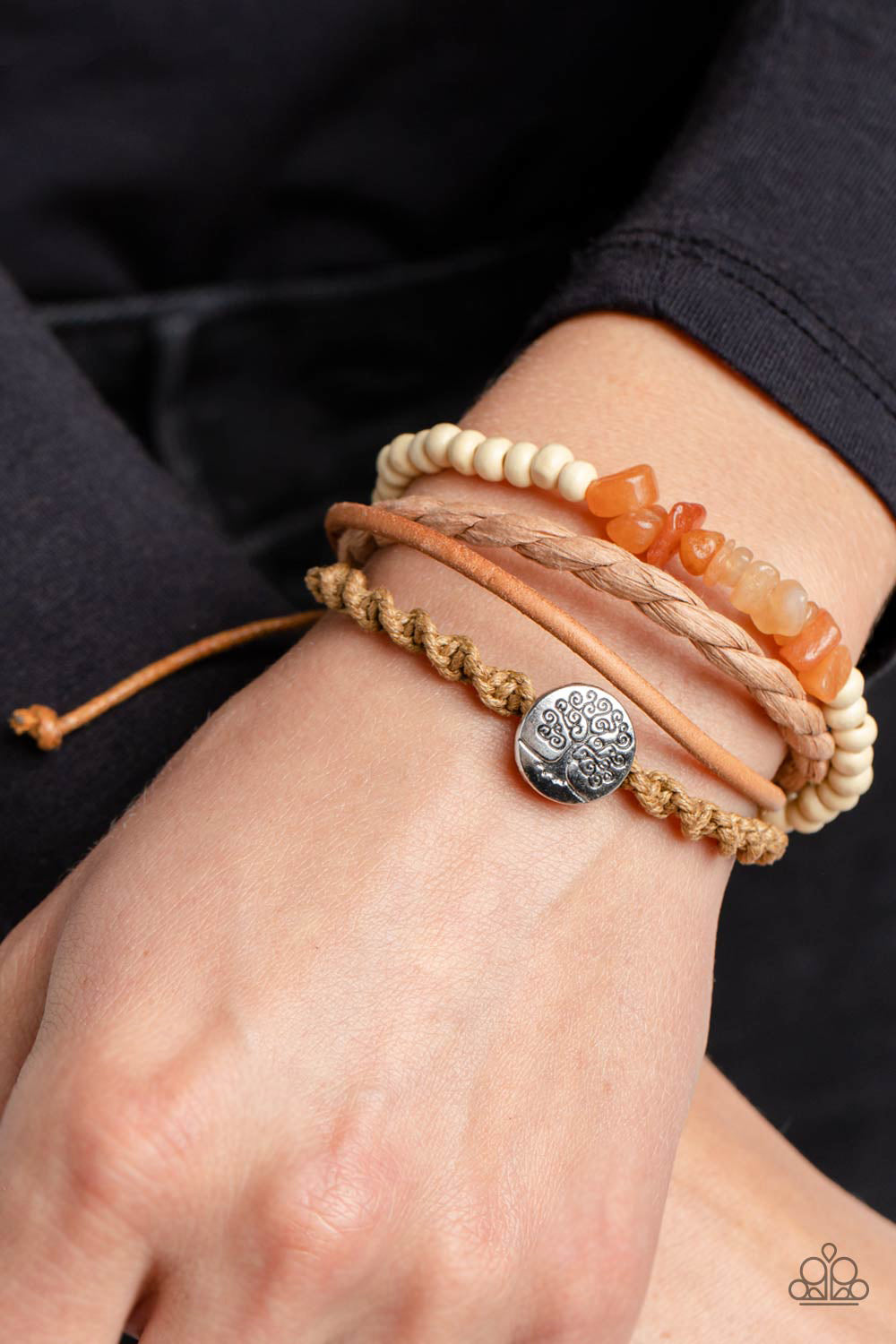 Treetop Trail Guide - Orange Quartz Stones, Tree Stamped Pendant, Brown Suede, & Braided Cording Paparazzi Urban Bracelet