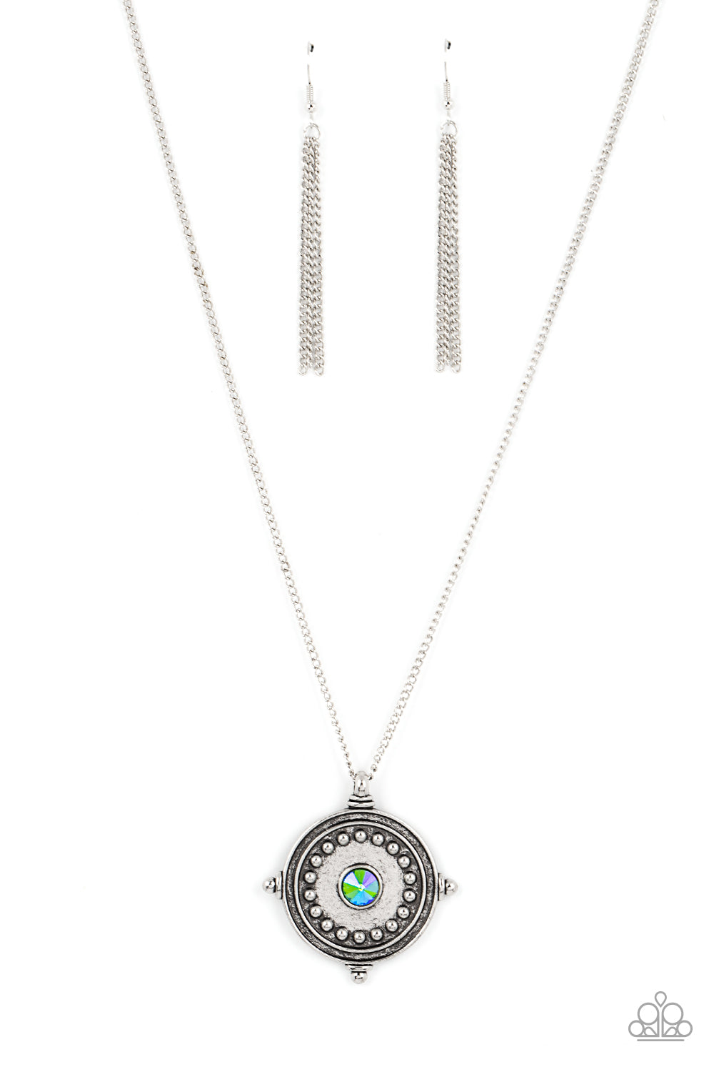 Compass Composure - Green Iridescent Rhinestone/Compass Inspired Pendant Paparazzi Necklace & matching earrings