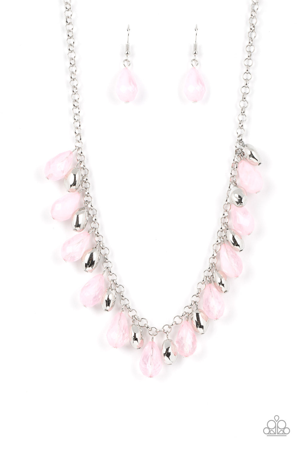 Summertime Tryst - Pink Teardrop Beads & Imperfect Silver Beaded Paparazzi Necklace & matching earrings