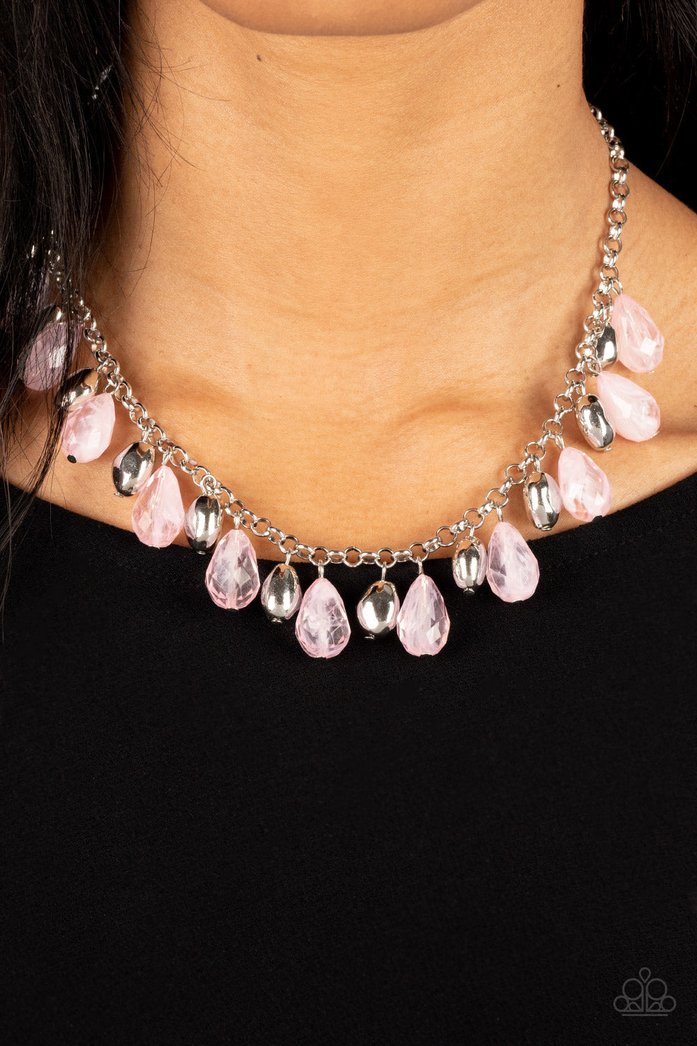 Summertime Tryst - Pink Teardrop Beads & Imperfect Silver Beaded Paparazzi Necklace & matching earrings
