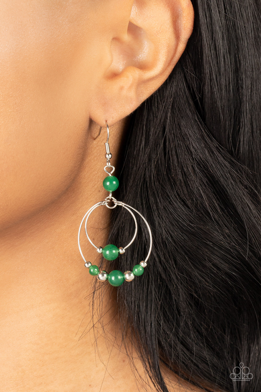 Eco Eden - Green Stone & Dainty Silver Beads/Wire Hoop Paparazzi Earrings