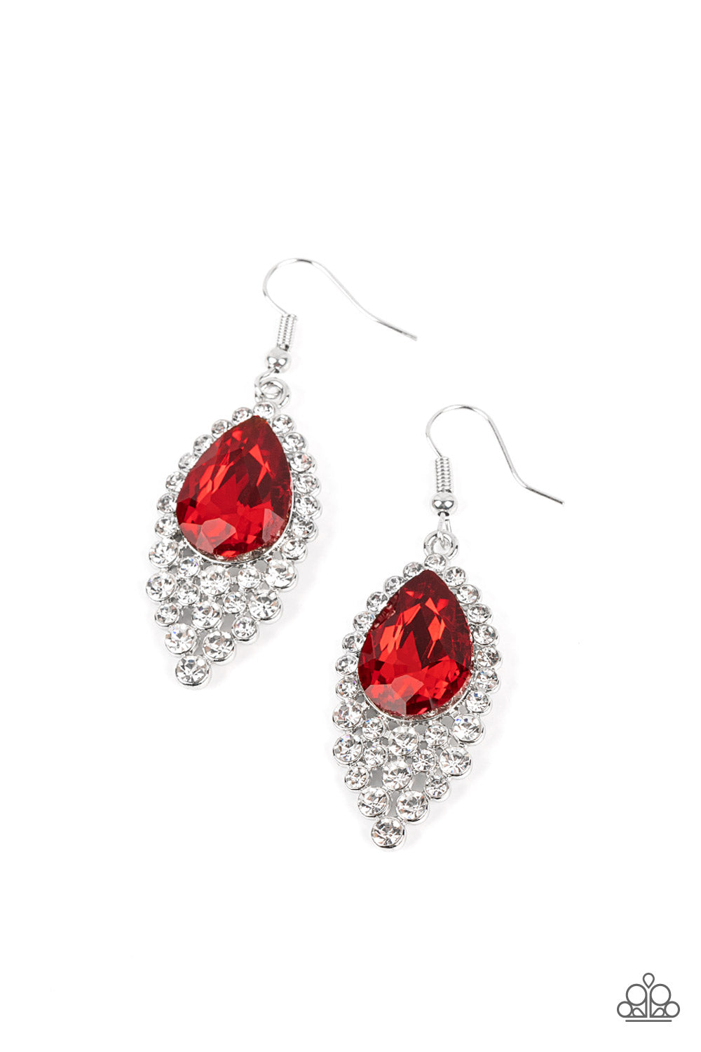 Glorious Glimmer - Red Oversized Teardrop Gem/White Rhinestone Paparazzi Earrings