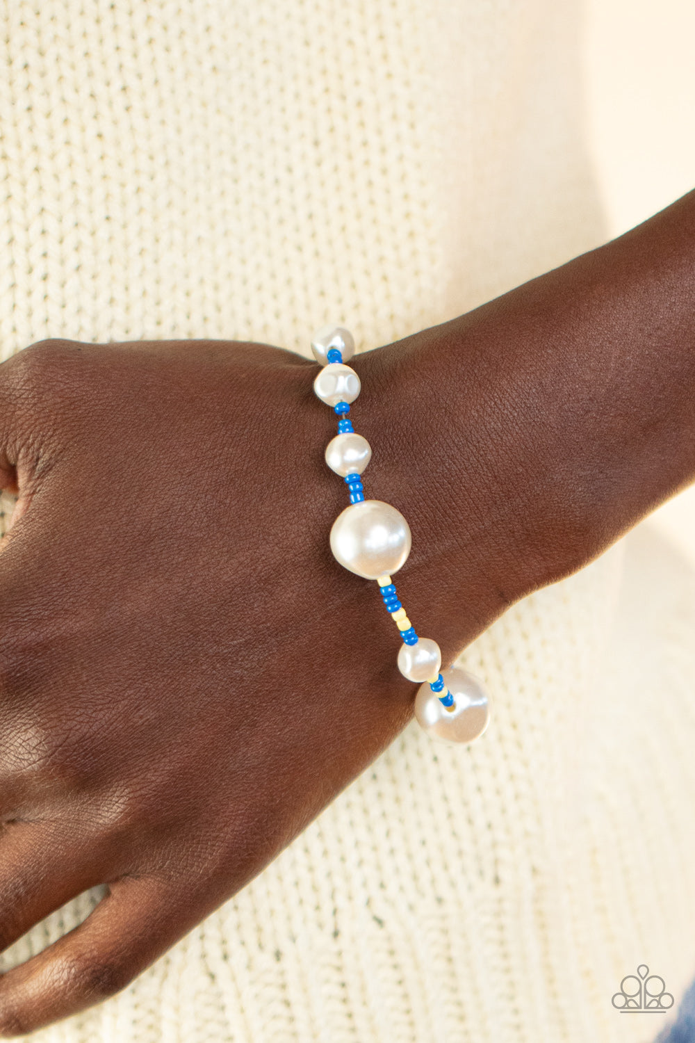 Contemporary Coastline - Blue , Yellow, White Seed Beads/Irregular Shaped Pearls Paparazzi Adjustable Bracelet