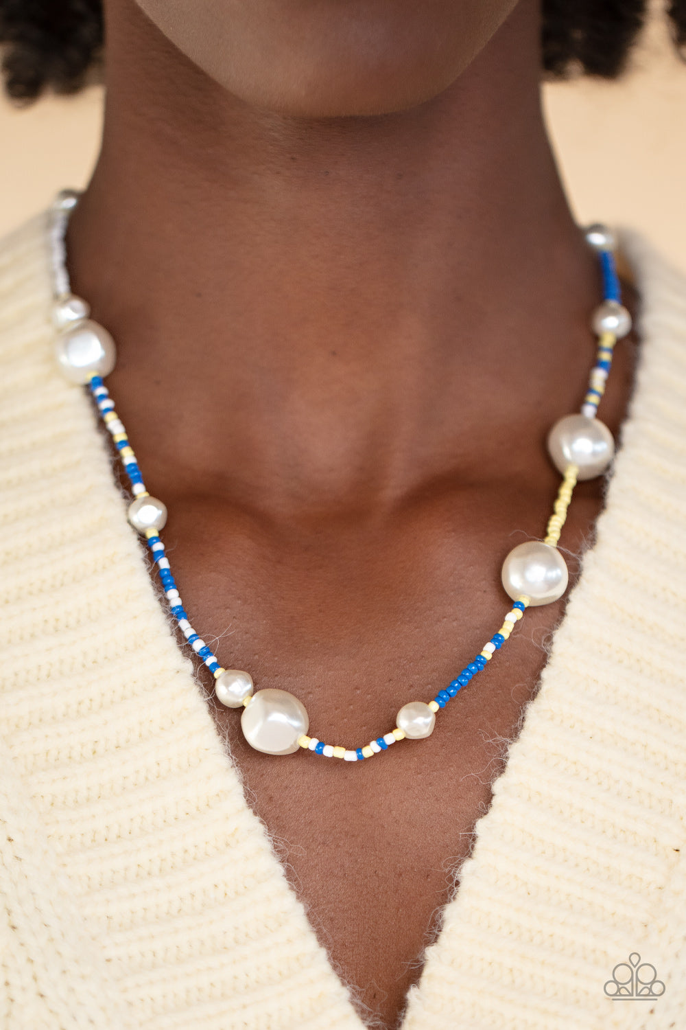 Modern Marina - Blue, Yellow, White Seed Beads/Irregular Shaped Pearls Paparazzi Necklace & matching earrings