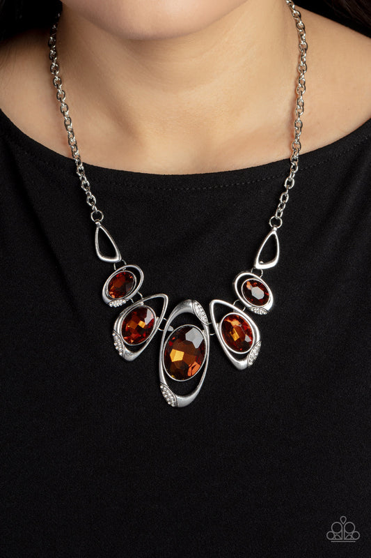 Hypnotic Twinkle - Brown/Topaz Oversized Gems & Asymmetrical Silver Frames Paparazzi Necklace & matching earrings