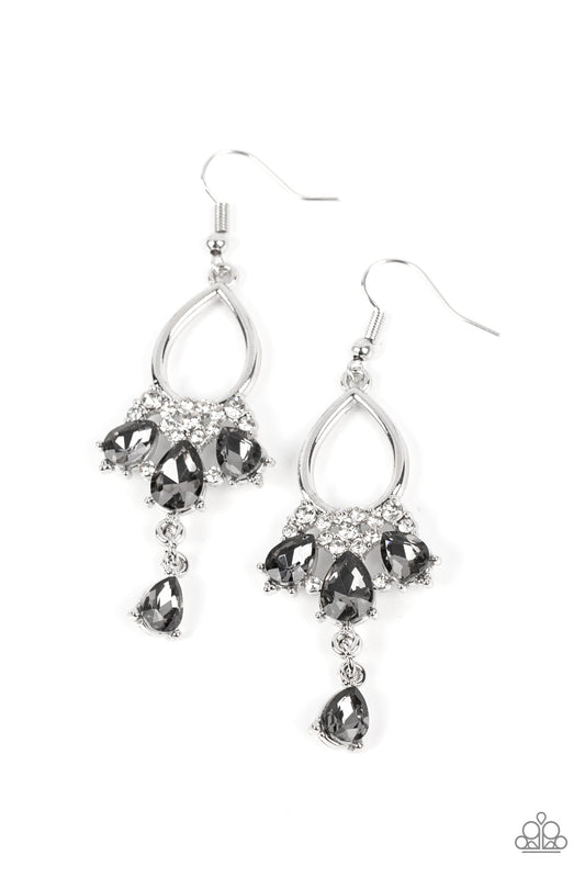 Coming in Clutch - Silver Airy Frame & Smoky Teardrop Rhinestone Paparazzi Earrings
