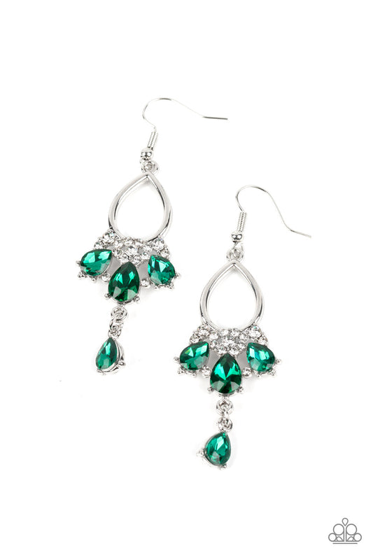 Coming in Clutch - Green Teardrop Rhinestones & White Rhinestone Floral Accent Paparazzi Earrings
