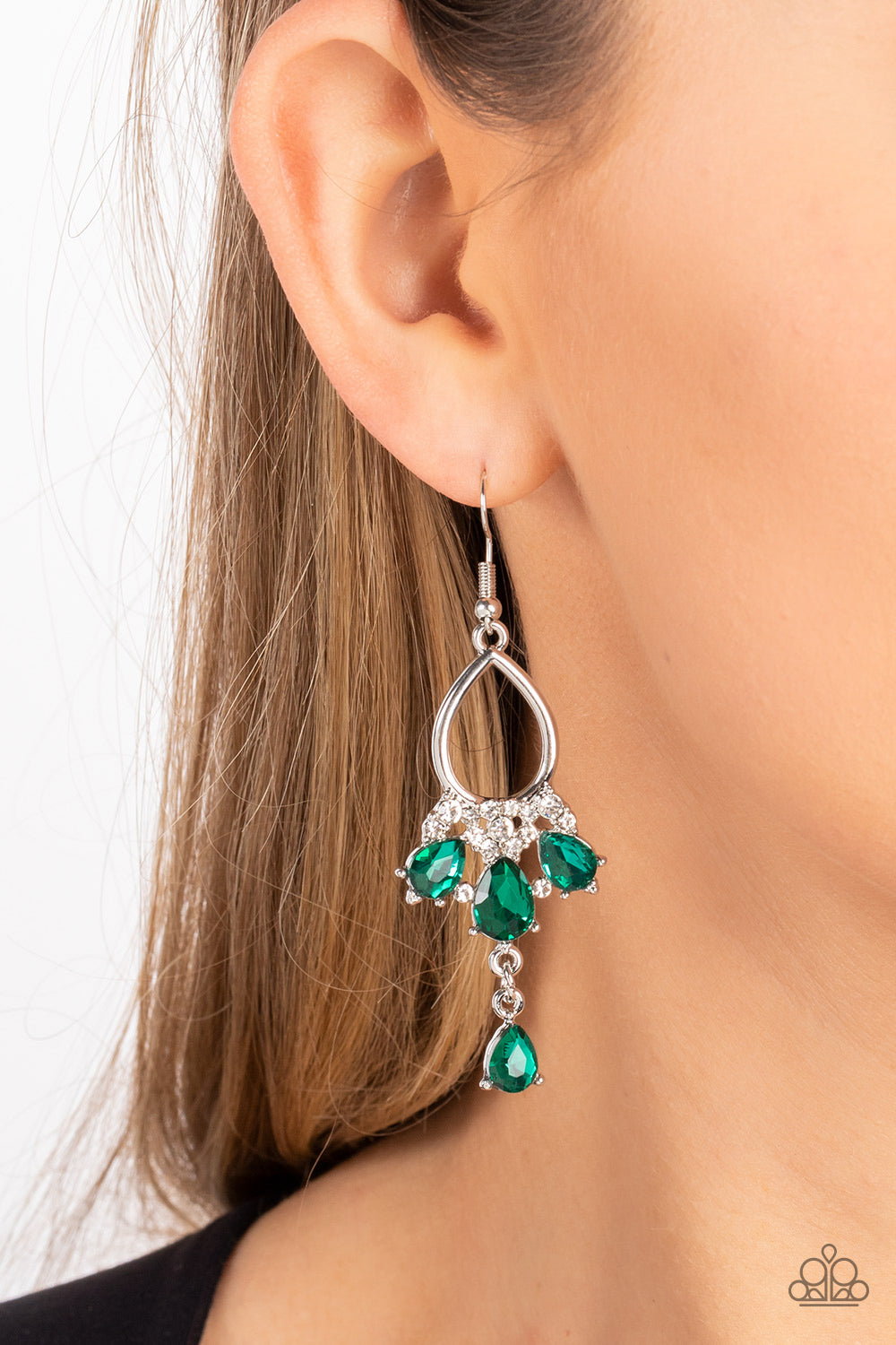 Coming in Clutch - Green Teardrop Rhinestones & White Rhinestone Floral Accent Paparazzi Earrings