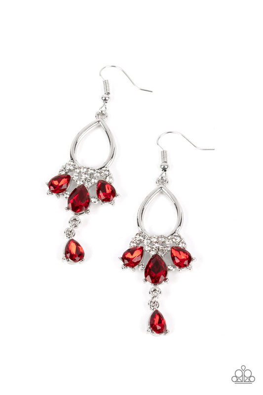 Coming in Clutch - Red Teardrop Rhinestone & White Rhinestone Accent Paparazzi Earrings