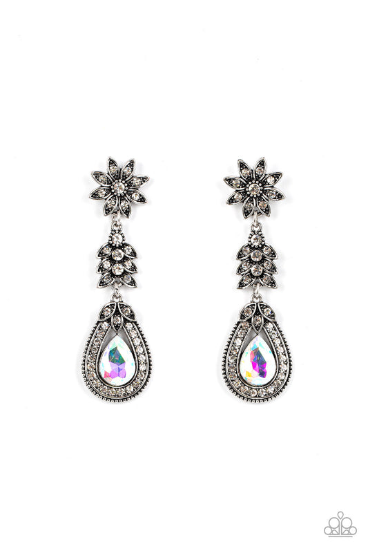 Floral Fantasy - Multi Oversized Iridescent Gem & Studded Silver Flower Earrings