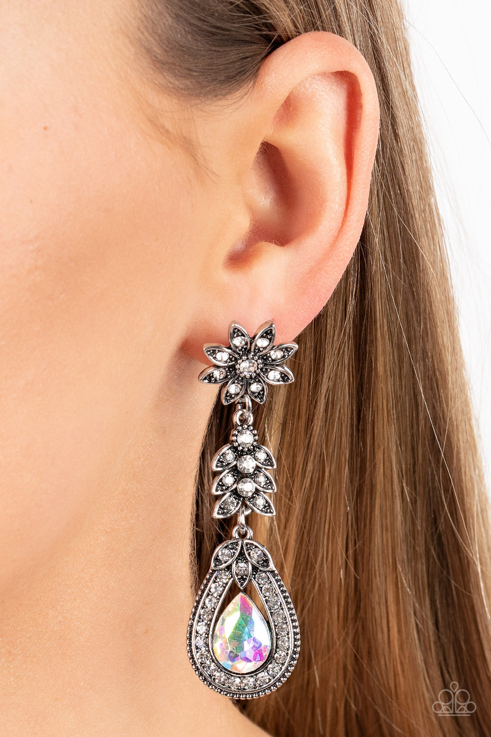 Floral Fantasy - Multi Oversized Iridescent Gem & Studded Silver Flower Earrings