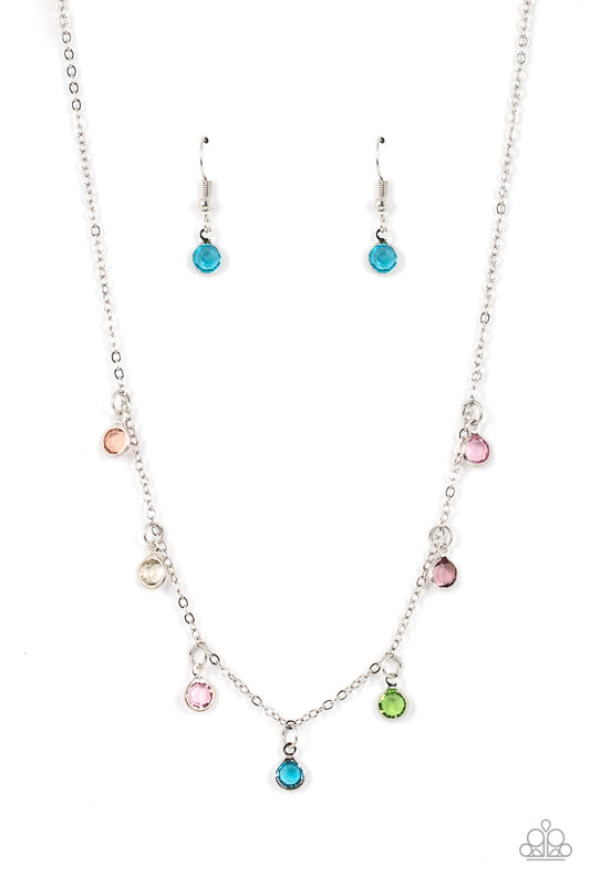 Carefree Charmer - Multi-Colored Gem/Dainty Silver Chain Paparazzi Necklace & matching earrings