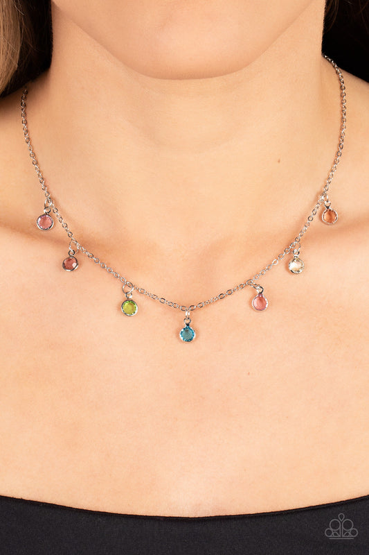 Carefree Charmer - Multi-Colored Gem/Dainty Silver Chain Paparazzi Necklace & matching earrings