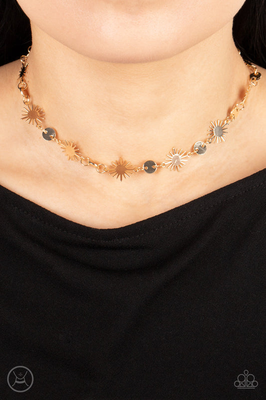 Astro Goddess - Gold Sunbursts/Discs Paparazzi Choker Necklace & matching earrings