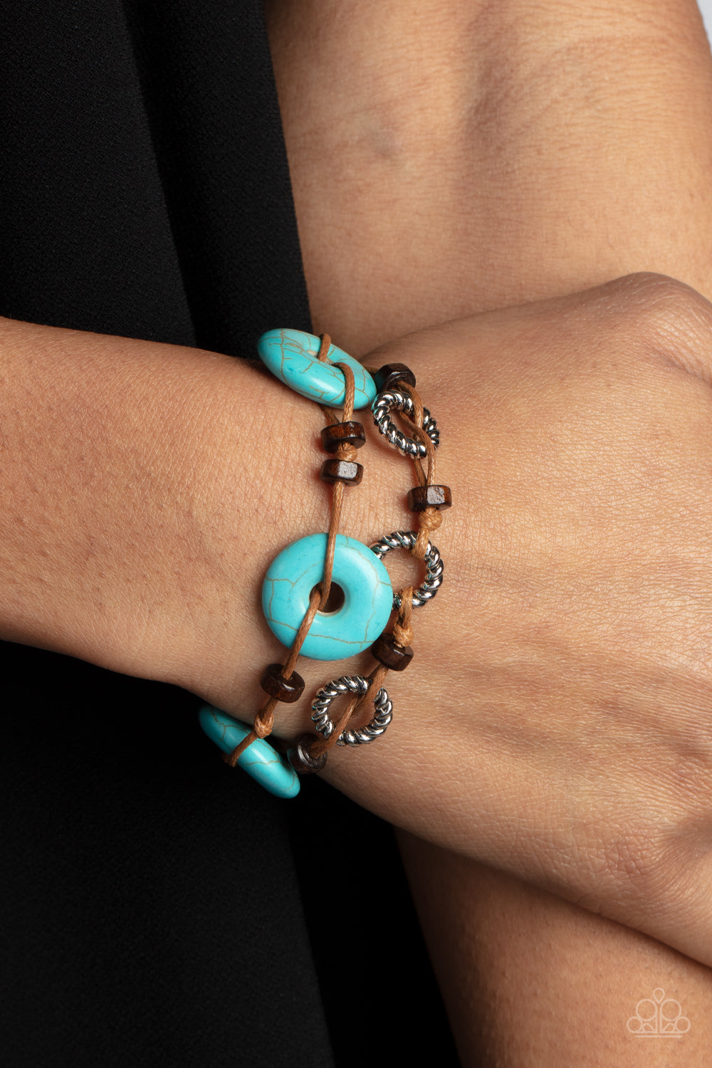 Quarry Quandary - Blue/Turquoise Stone, Wooden Beads, & Textured Silver Rings Paparazzi Bracelet