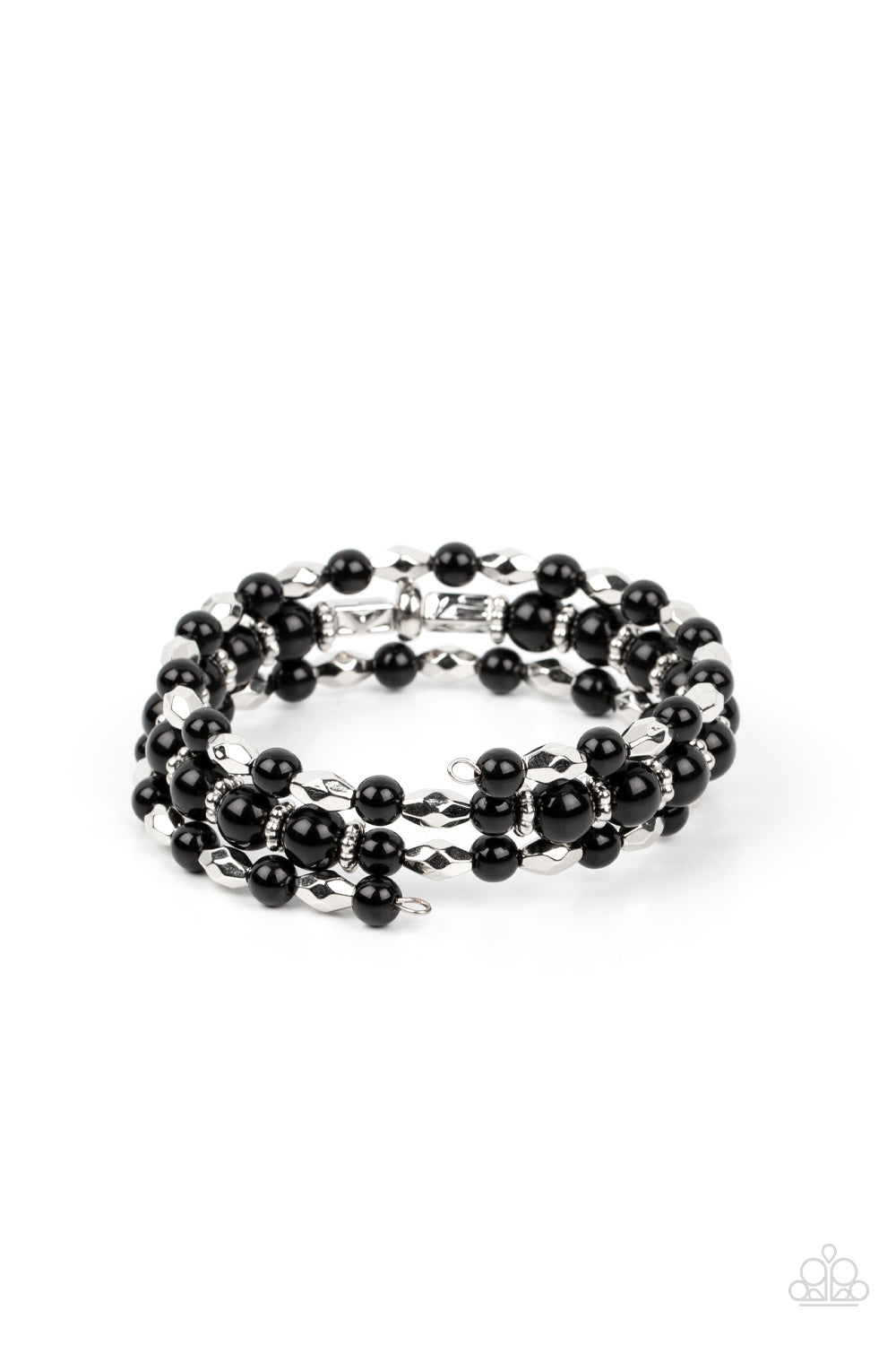 Colorfully Coiled - Black Beads, Faceted Silver Beads, & Silver Ring Paparazzi Coil Bracelet