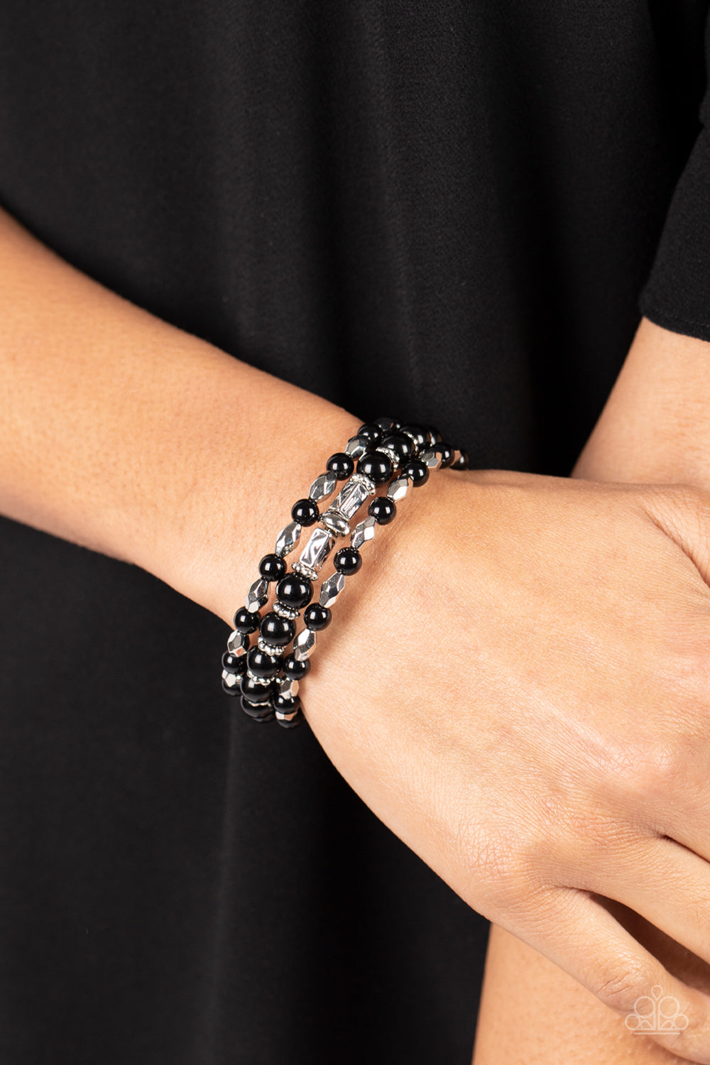 Colorfully Coiled - Black Beads, Faceted Silver Beads, & Silver Ring Paparazzi Coil Bracelet